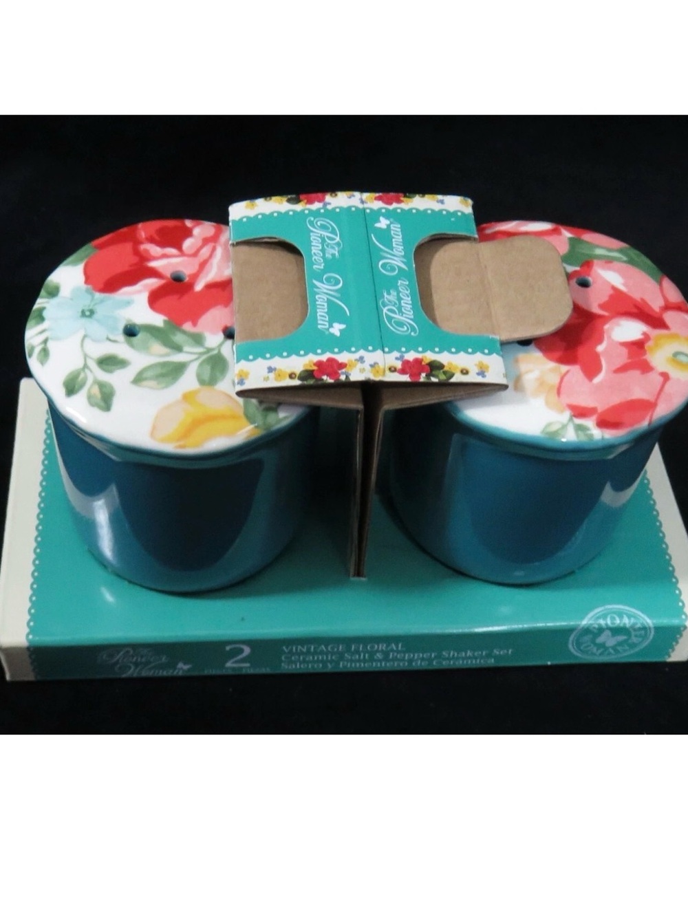 The Pioneer Woman Floral Ceramic Salt & Pepper Shaker Set - Teal Floral Lids NWT